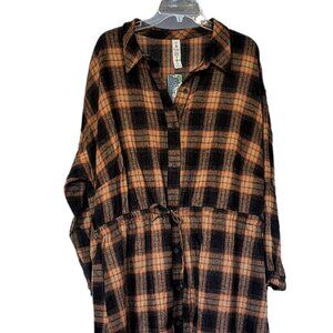 Women’s XXL Blooming Jelly Plaid Flannel Shirt Dress Pockets Drawstring Waist